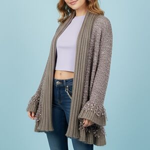 Sioni Wool Blend Taupe Cardigan Sweater, Size Medium, Open Front